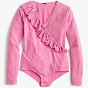 J. Crew Pink Ruffle Wrap Body Suit Size L Deep V